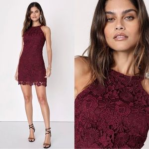 Lulu’s Love Poem Burgundy Lace Halter Mini Dress Sleeveless Maroon Sz S Eyelet